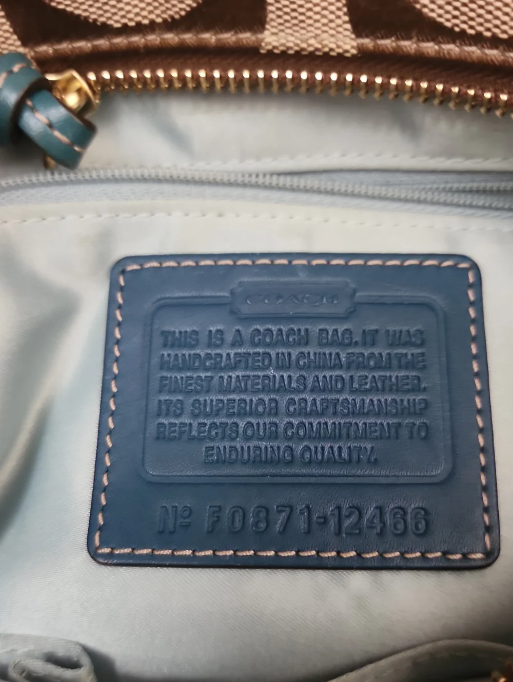 Coach Brown Signature Shoulder Bag with Teal Trim
